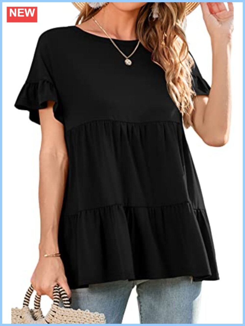Womens Ruffle Sleeve Peplum Babydoll Top Crewneck Flowy Summer Blouse